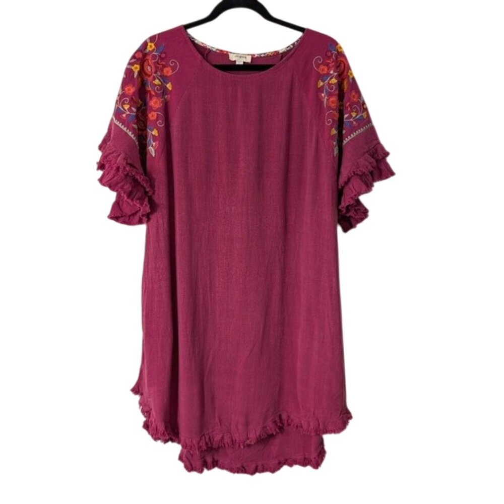 Umgee Women's Fuschia Embroidered Floral Linen Blend Dress Ruffle Sleeves Size L